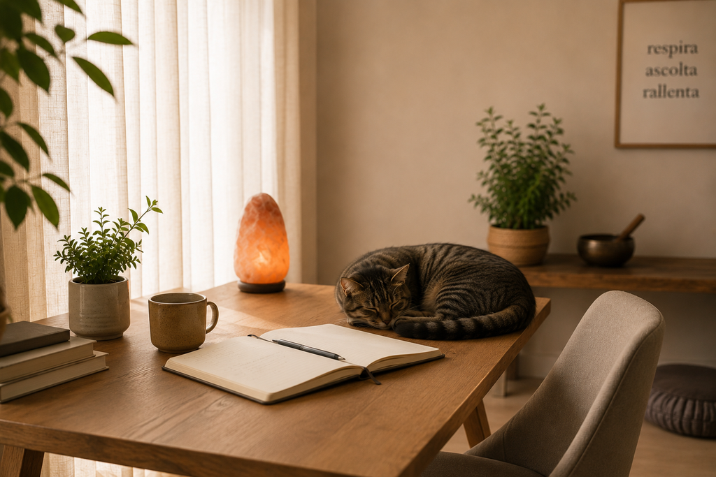 Millo, il gatto di Unalome Yoga, riposa accanto a un quaderno in uno spazio dedicato alla calma e alla riflessione