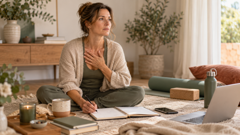 Donna seduta a terra con una mano sul petto, accanto a tappetino yoga, quaderno e computer, in un momento di ascolto e consapevolezza.