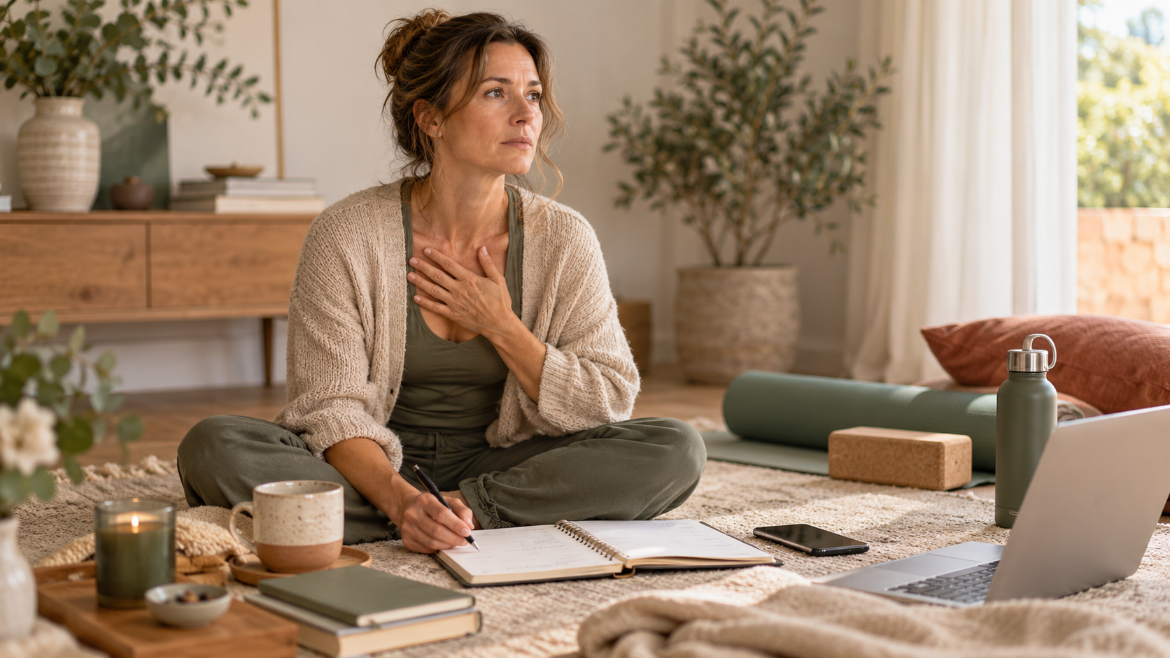 Donna seduta a terra con una mano sul petto, accanto a tappetino yoga, quaderno e computer, in un momento di ascolto e consapevolezza.