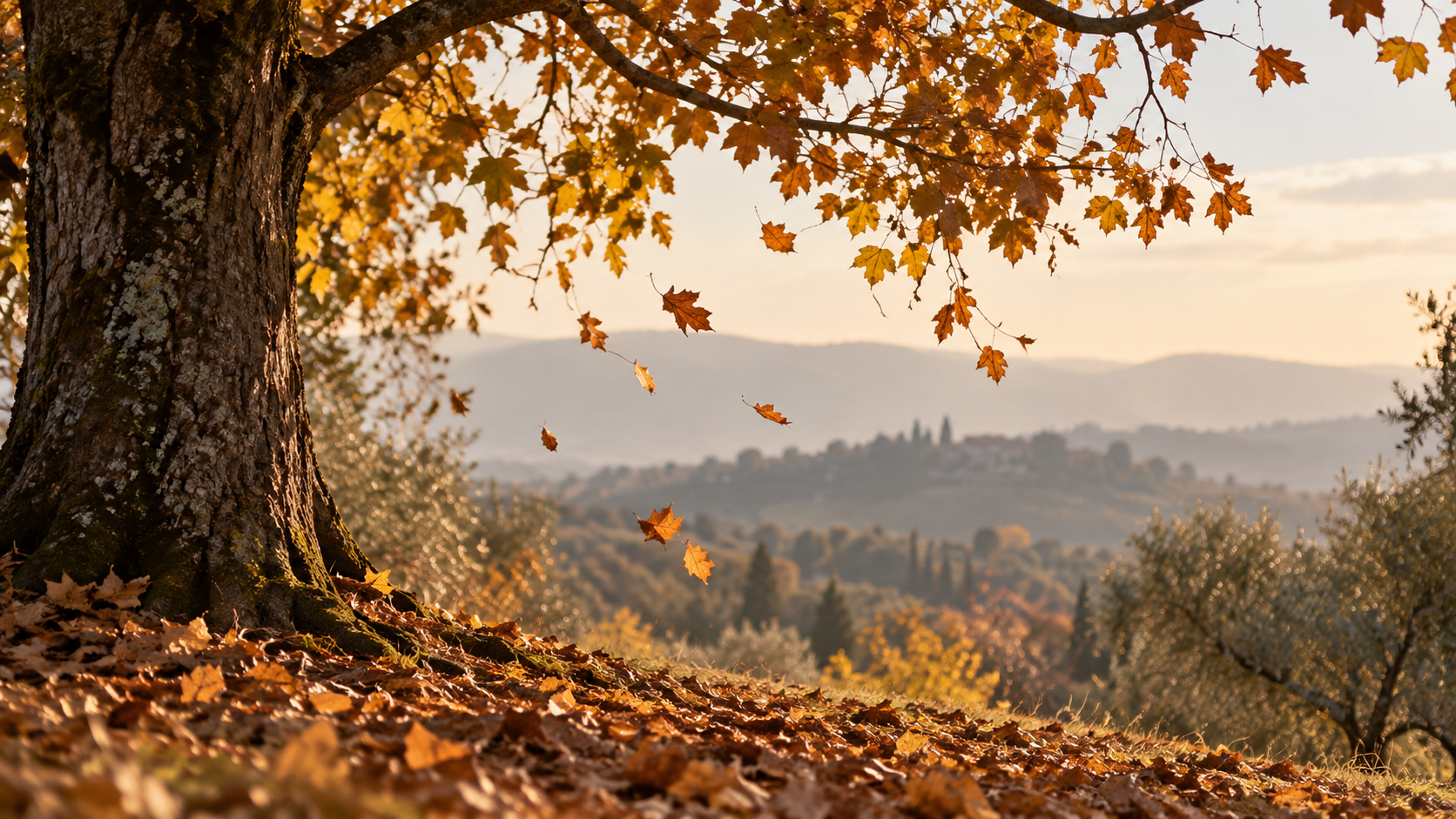 Albero in autunno con foglie dorate che cadono lentamente, simbolo del lasciare andare nello yoga.